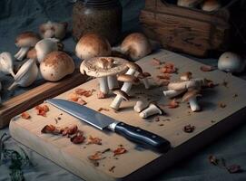Woman cutting mushrooms on wooden board. Created with Generative AI technology. photo