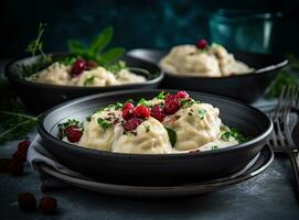 dumplings with cherries, Pierogi, varenyky, vareniki, pyrohy on a light background, banner, menu, recipe place for text, top view. Created with Generative AI technology. photo