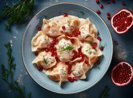 dumplings with cherries, Pierogi, varenyky, vareniki, pyrohy on a light background, banner, menu, recipe place for text, top view. Created with Generative AI technology. photo