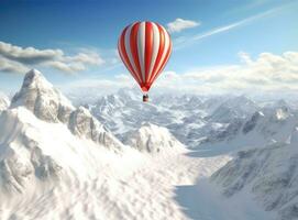 Colorful hot-air balloon flying over snowcapped mountain. Created with Generative AI technology. photo