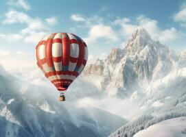 Colorful hot-air balloon flying over snowcapped mountain. Created with Generative AI technology. photo