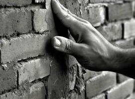 Close up of industrial bricklayer installing bricks on construction site. Created with Generative AI technology. photo