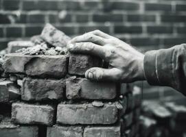 Close up of industrial bricklayer installing bricks on construction site. Created with Generative AI technology. photo