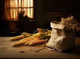 fresh corn cobs and dry seeds in bag on wooden table with green maize field on the background. Agriculture and harvest concept. Sunset or dawn. Created with Generative AI technology. photo