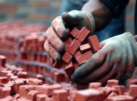 Close up of industrial bricklayer installing bricks on construction site. Created with Generative AI technology. photo