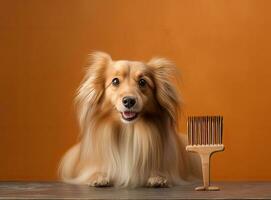 Owner brushing cute dog on light background. Created with Generative AI technology. photo