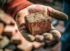 Close up of industrial bricklayer installing bricks on construction site. Created with Generative AI technology. photo