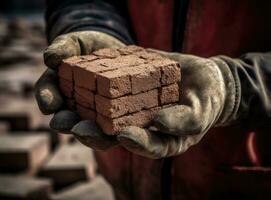 Close up of industrial bricklayer installing bricks on construction site. Created with Generative AI technology. photo