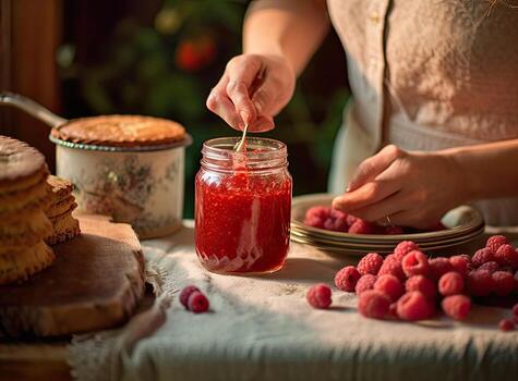 Concept of cooking raspberry jam on white wooden table. Created with Generative AI technology. photo