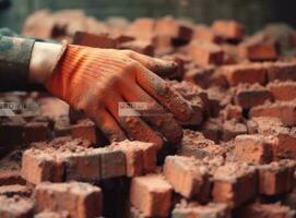 Close up of industrial bricklayer installing bricks on construction site. Created with Generative AI technology. photo