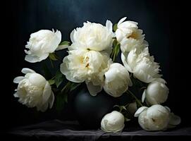 Fresh white peony flowers on dark table background. Condolence card. Empty place for emotional, sentimental text, quote or sayings. Closeup. Created with Generative AI technology. photo