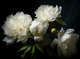 Fresh white peony flowers on dark table background. Condolence card. Empty place for emotional, sentimental text, quote or sayings. Closeup. Created with Generative AI technology. photo