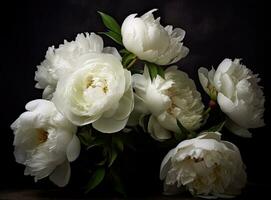 Fresh white peony flowers on dark table background. Condolence card. Empty place for emotional, sentimental text, quote or sayings. Closeup. Created with Generative AI technology. photo