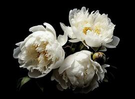 Fresh white peony flowers on dark table background. Condolence card. Empty place for emotional, sentimental text, quote or sayings. Closeup. Created with Generative AI technology. photo