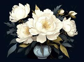Fresh white peony flowers on dark table background. Condolence card. Empty place for emotional, sentimental text, quote or sayings. Closeup. Created with Generative AI technology. photo