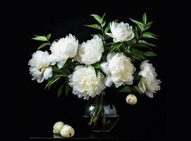 Fresh white peony flowers on dark table background. Condolence card. Empty place for emotional, sentimental text, quote or sayings. Closeup. Created with Generative AI technology. photo