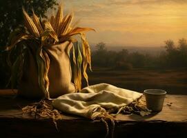 fresh corn cobs and dry seeds in bag on wooden table with green maize field on the background. Agriculture and harvest concept. Sunset or dawn. Created with Generative AI technology. photo