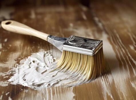 Top view on white paint brush on the opened can on the wooden table or floor painting and renovation repairing concept. Created with Generative AI technology. photo