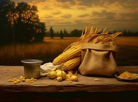 fresh corn cobs and dry seeds in bag on wooden table with green maize field on the background. Agriculture and harvest concept. Sunset or dawn. Created with Generative AI technology. photo