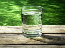 agua desde jarra torrencial dentro vaso en de madera mesa al aire libre. creado con generativo ai tecnología. foto