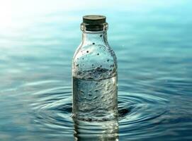 agua desde jarra torrencial dentro vaso en de madera mesa al aire libre. creado con generativo ai tecnología. foto