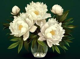 Fresh white peony flowers on dark table background. Condolence card. Empty place for emotional, sentimental text, quote or sayings. Closeup. Created with Generative AI technology. photo