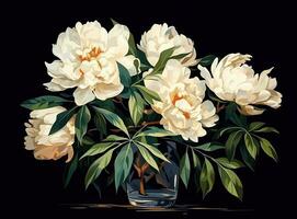 Fresh white peony flowers on dark table background. Condolence card. Empty place for emotional, sentimental text, quote or sayings. Closeup. Created with Generative AI technology. photo