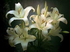 Blooming lilies. Lilium longiflorum, often called the Easter lily, is a plant endemic to both. Created with Generative AI technology. photo
