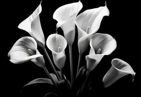 Calla flowers on the dark background place for a text. Created with Generative AI technology. photo