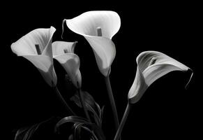 Calla flowers on the dark background place for a text. Created with Generative AI technology. photo