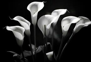 Calla flowers on the dark background place for a text. Created with Generative AI technology. photo