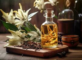Aromatic homemade vanilla extract on wooden table, closeup. Space for text. Created with Generative AI technology. photo