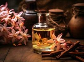 Aromatic homemade vanilla extract on wooden table, closeup. Space for text. Created with Generative AI technology. photo