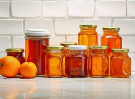 Orange jam or juce in a glass jar and fresh oranges on a white marble background. Created with Generative AI technology. photo