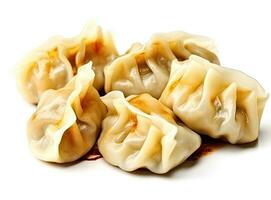 Boiled dumplings on a white plate close-up. Russian cuisine. Isolated image. Created with Generative AI technology. photo