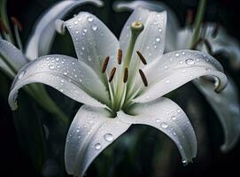 Lily flower on the dark background. Condolence card. Empty place for a text. Created with Generative AI technology. photo