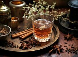 Aromatic homemade vanilla extract on wooden table, closeup. Space for text. Created with Generative AI technology. photo