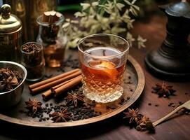 Aromatic homemade vanilla extract on wooden table, closeup. Space for text. Created with Generative AI technology. photo