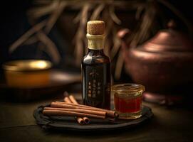 Aromatic homemade vanilla extract on wooden table, closeup. Space for text. Created with Generative AI technology. photo