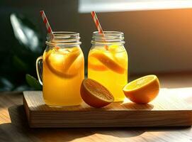 naranja mermelada o juce en un vaso tarro y Fresco naranjas en un blanco mármol antecedentes. creado con generativo ai tecnología. foto