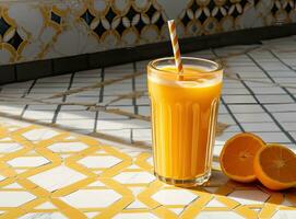 naranja mermelada o juce en un vaso tarro y Fresco naranjas en un blanco mármol antecedentes. creado con generativo ai tecnología. foto