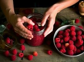 Concept of cooking raspberry jam on white wooden table. Created with Generative AI technology. photo