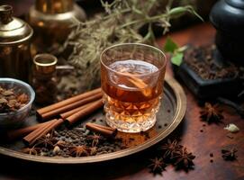 Aromatic homemade vanilla extract on wooden table, closeup. Space for text. Created with Generative AI technology. photo