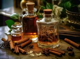 Aromatic homemade vanilla extract on wooden table, closeup. Space for text. Created with Generative AI technology. photo