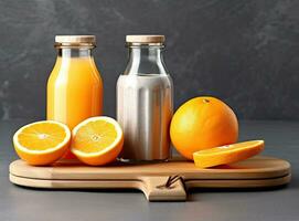 naranja mermelada o juce en un vaso tarro y Fresco naranjas en un blanco mármol antecedentes. creado con generativo ai tecnología. foto