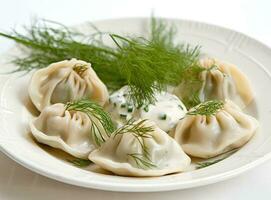 Boiled dumplings on a white plate close-up. Russian cuisine. Isolated image. Created with Generative AI technology. photo