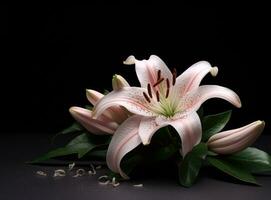 Lily flower on the dark background. Condolence card. Empty place for a text. Created with Generative AI technology. photo