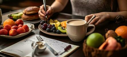 young female planning menu to eat ketogenic diet during weight loss program. Created with Generative AI technology. photo