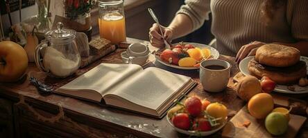 young female planning menu to eat ketogenic diet during weight loss program. Created with Generative AI technology. photo