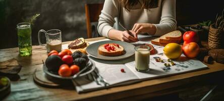 young female planning menu to eat ketogenic diet during weight loss program. Created with Generative AI technology. photo